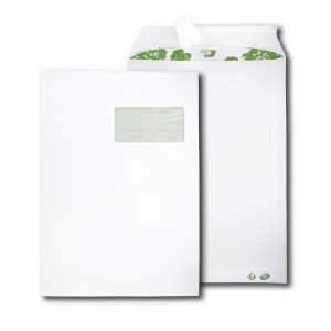 Boite de 250 pochettes extra blanches 100% recyclées C4 229x324 90 g/m² fenêtre 100x50 bande de protection