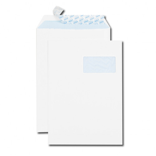 Paquet de 50 pochettes blanches C4 229x324 90 g/m² fenêtre 100x50 bande de protection